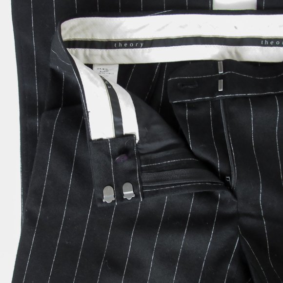 SOLD THEORY Black Pinstripe Flare Trousers Low Rise Wool Dress Pants Essential - Picture 5 of 13